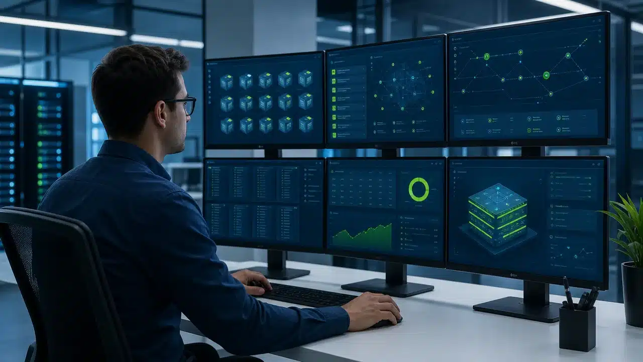 IT operations engineer reviewing ESXi host status while applying a critical VMware patch across a cluster