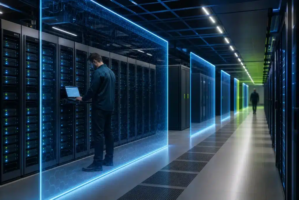 Data center racks divided into isolated network segments representing network-level containment