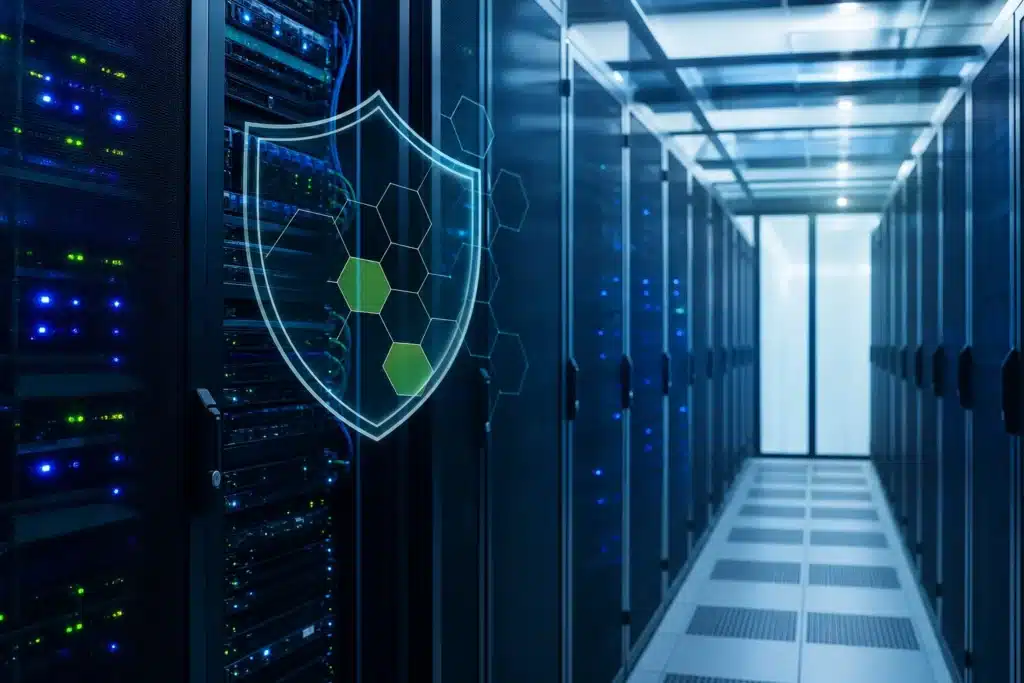 Enterprise VMware data center with a security shield overlay representing Broadcom patching critical vulnerabilities