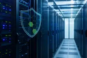 Enterprise VMware data center with a security shield overlay representing Broadcom patching critical vulnerabilities