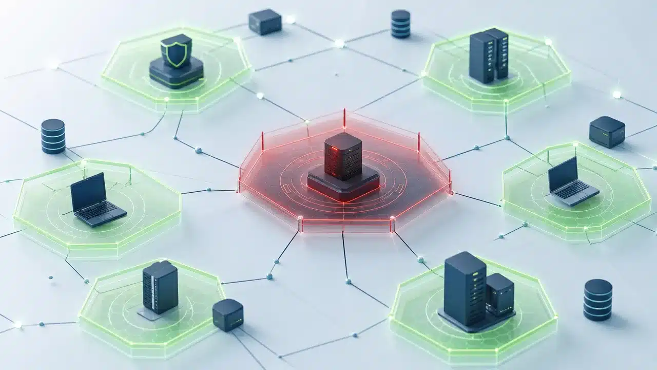 Diagram showing a compromised system contained within one network segment while other zones stay protected