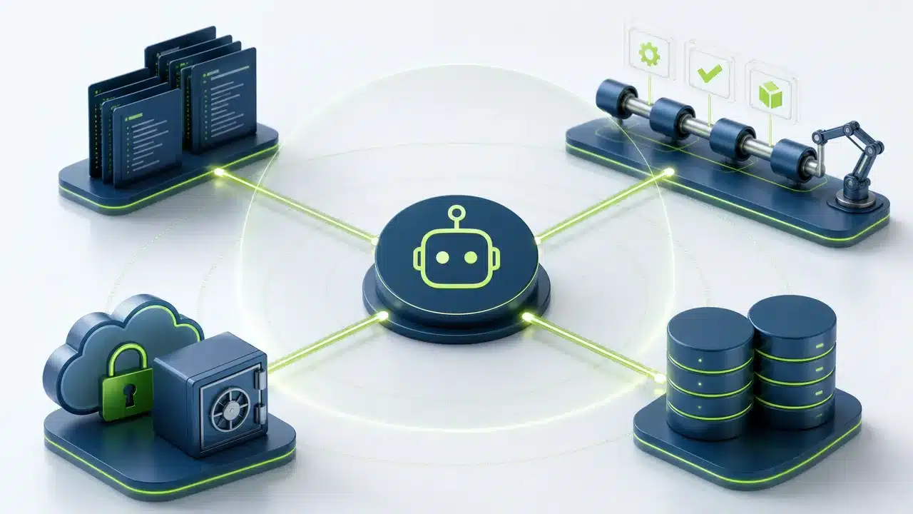Diagram showing the blast radius of a compromised AI coding agent reaching repositories, pipelines, credentials, and databases