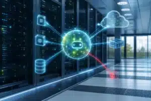 Abstract visualization of an AI coding agent connected to enterprise servers and cloud systems with one compromised path highlighted