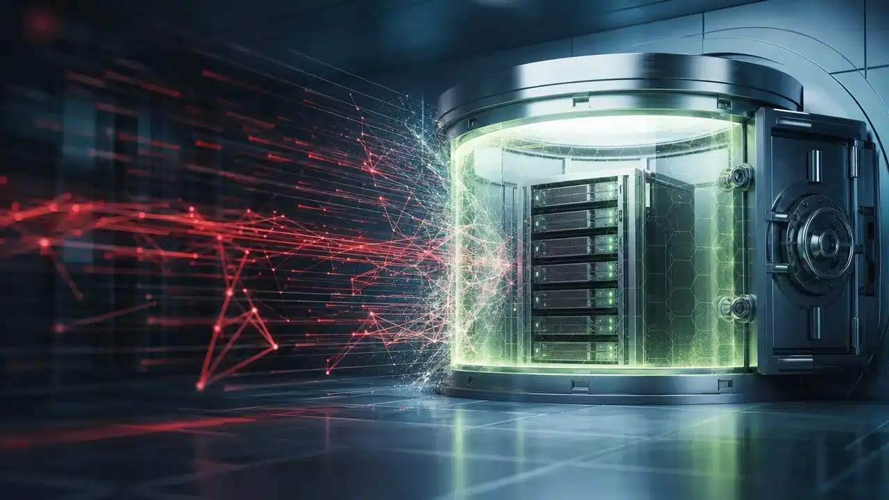 Immutable backup vault standing intact against ransomware intrusion attempts