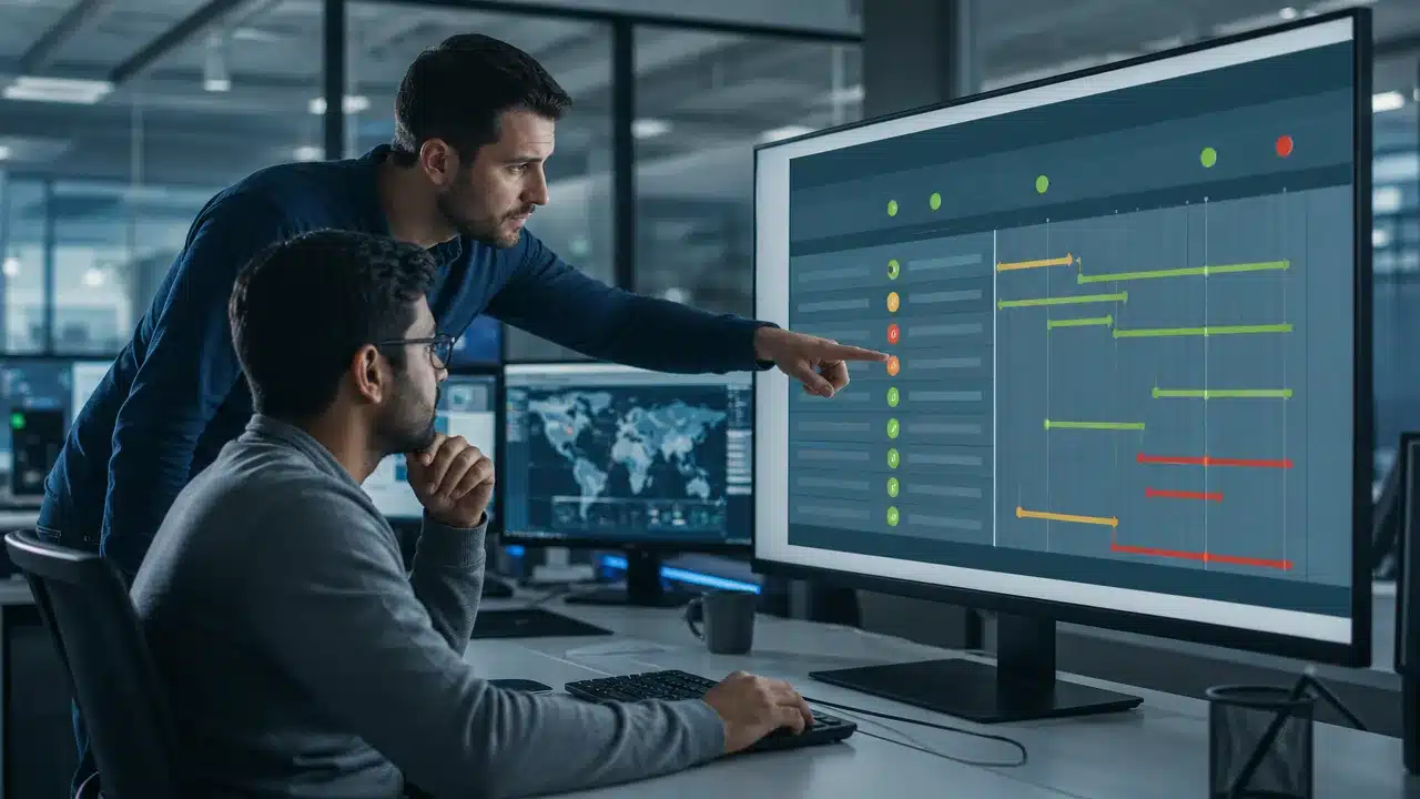 IT engineers reviewing a certificate inventory dashboard with expiration status indicators in an operations center