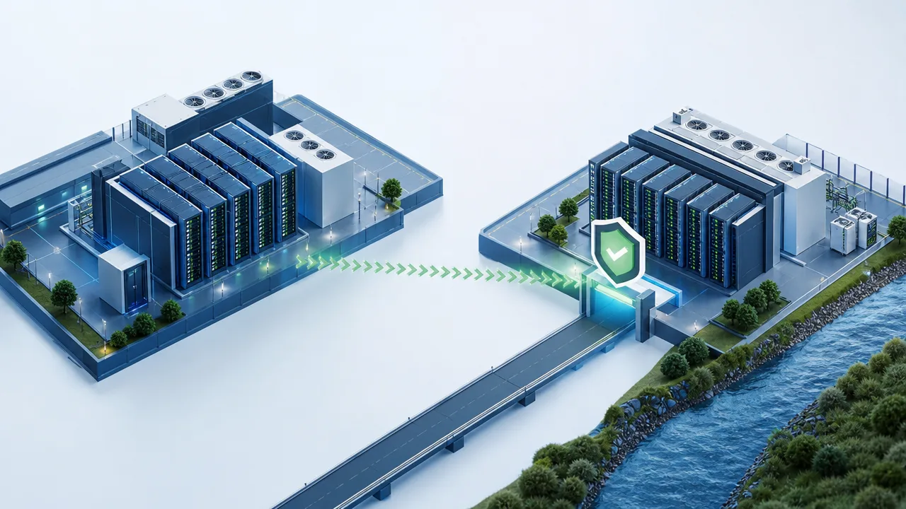 Isometric illustration of primary and recovery data centers with a certificate validity check at the recovery gateway