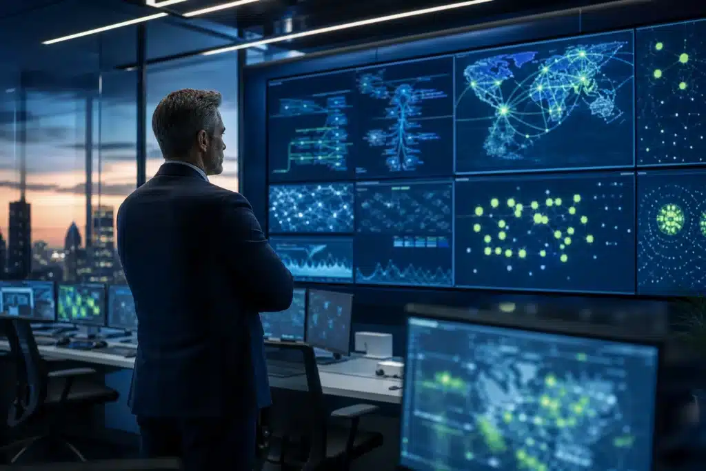 Security executive reviewing threat dashboards in a modern enterprise security operations center