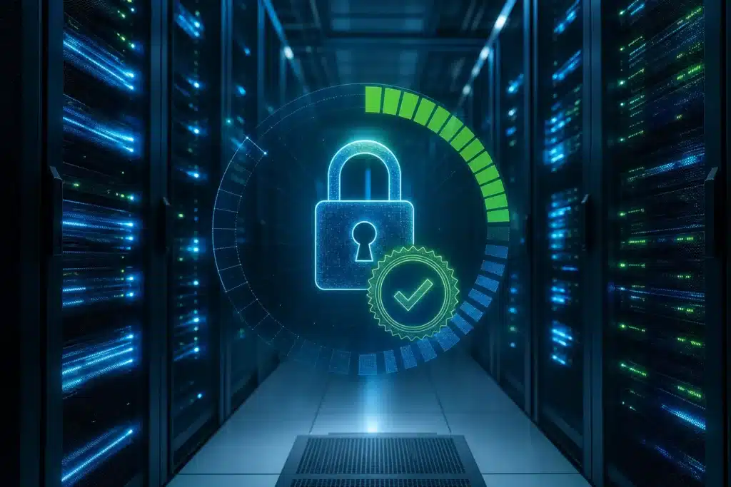 Glowing digital padlock and certificate seal above data center racks, with a shrinking calendar ring representing shorter SSL certificate validity