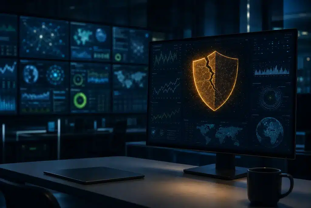 Cracked security shield glowing over enterprise monitoring dashboards symbolizing a Microsoft Defender bypass