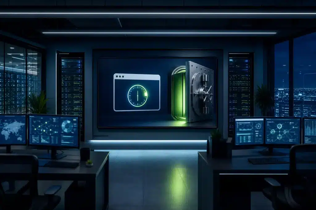 Enterprise security operations screen showing a browser icon and a closing exposure-window timer