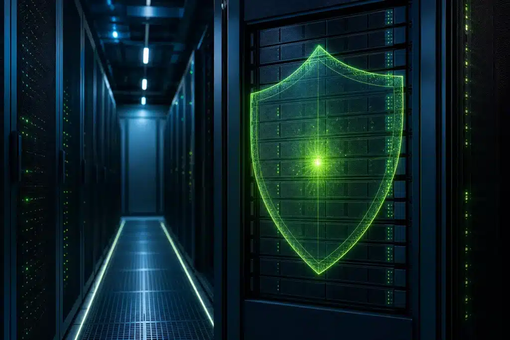 Enterprise data center with a protective shield motif over backup storage, representing ransomware-resistant recovery
