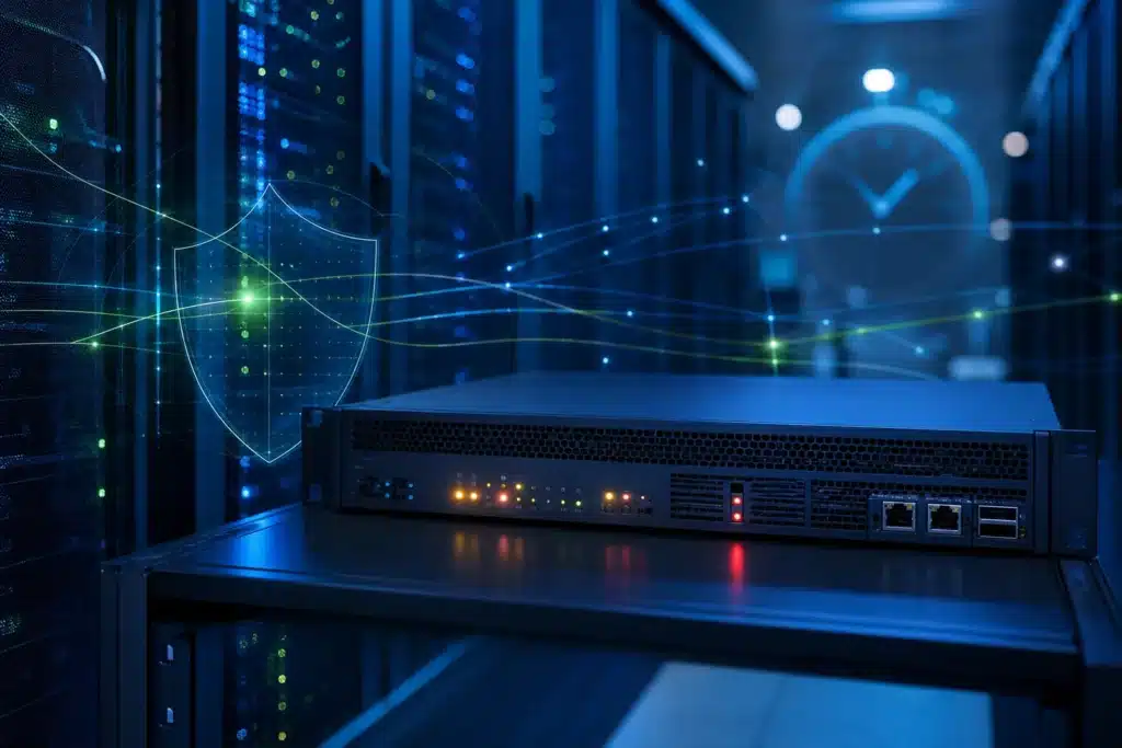 Enterprise firewall appliance in a data center rack with warning status lights, representing the PAN-OS CVE-2026-0322 exploitation risk