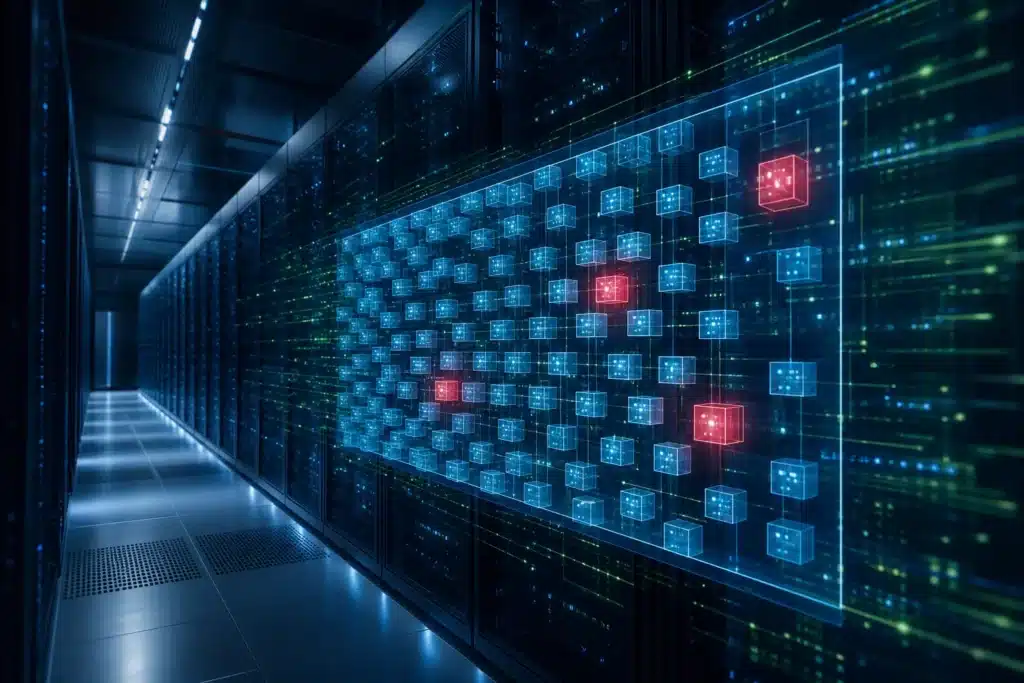 Data center aisle with a small cluster of highlighted servers representing the vulnerabilities attackers target most
