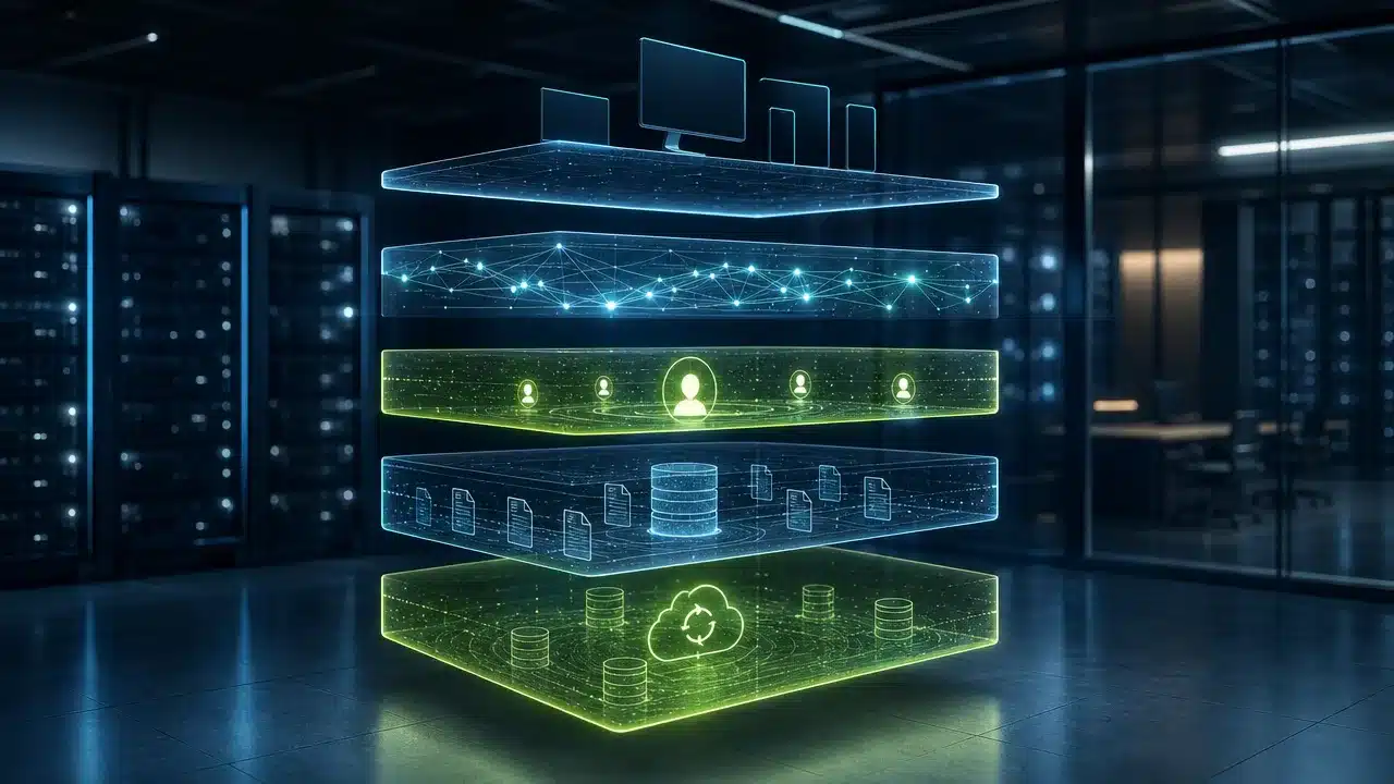 Layered defense stack showing endpoint, network, identity, data, and recovery protection tiers