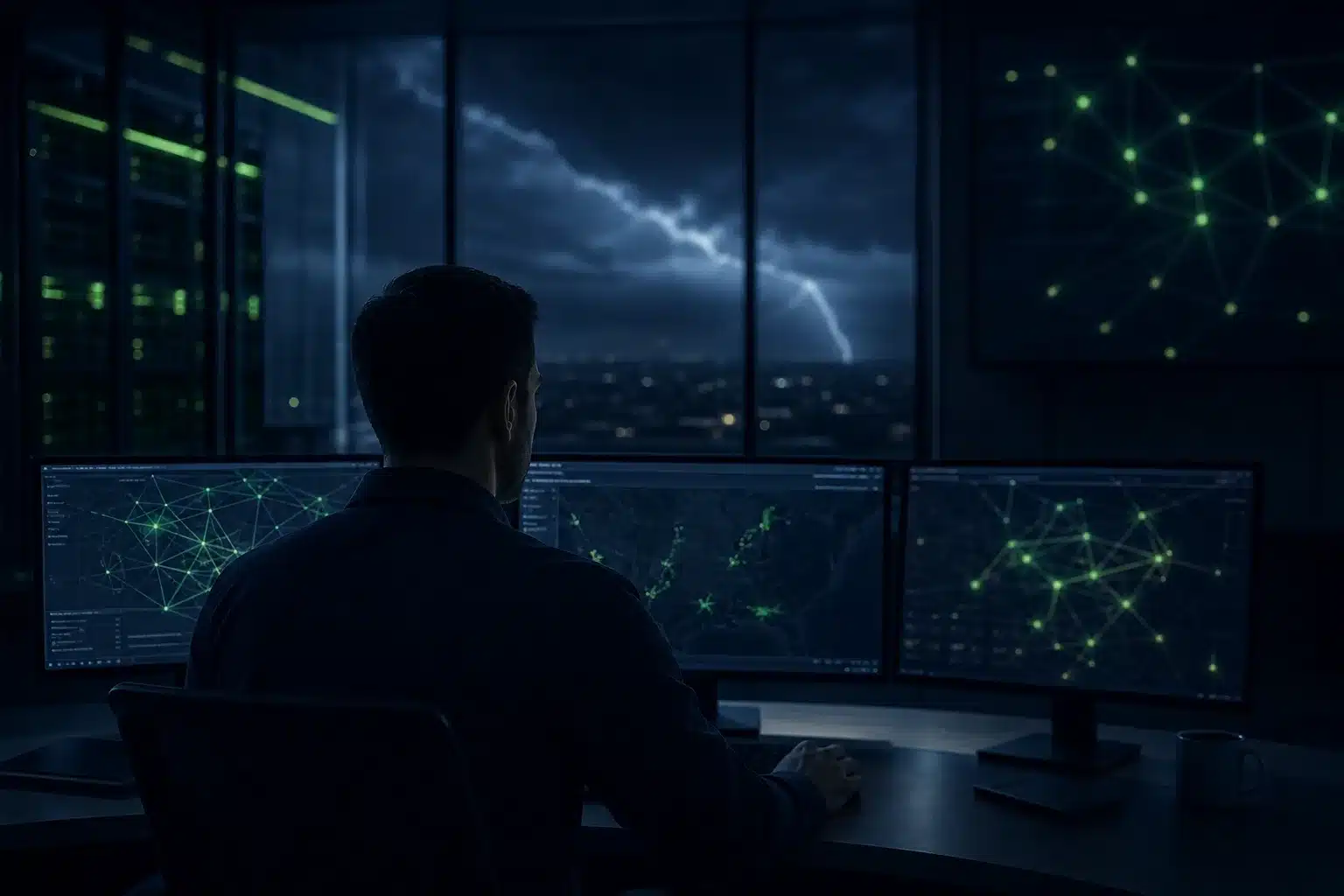 Utility operations engineer monitoring segmented IT and OT systems in a control room
