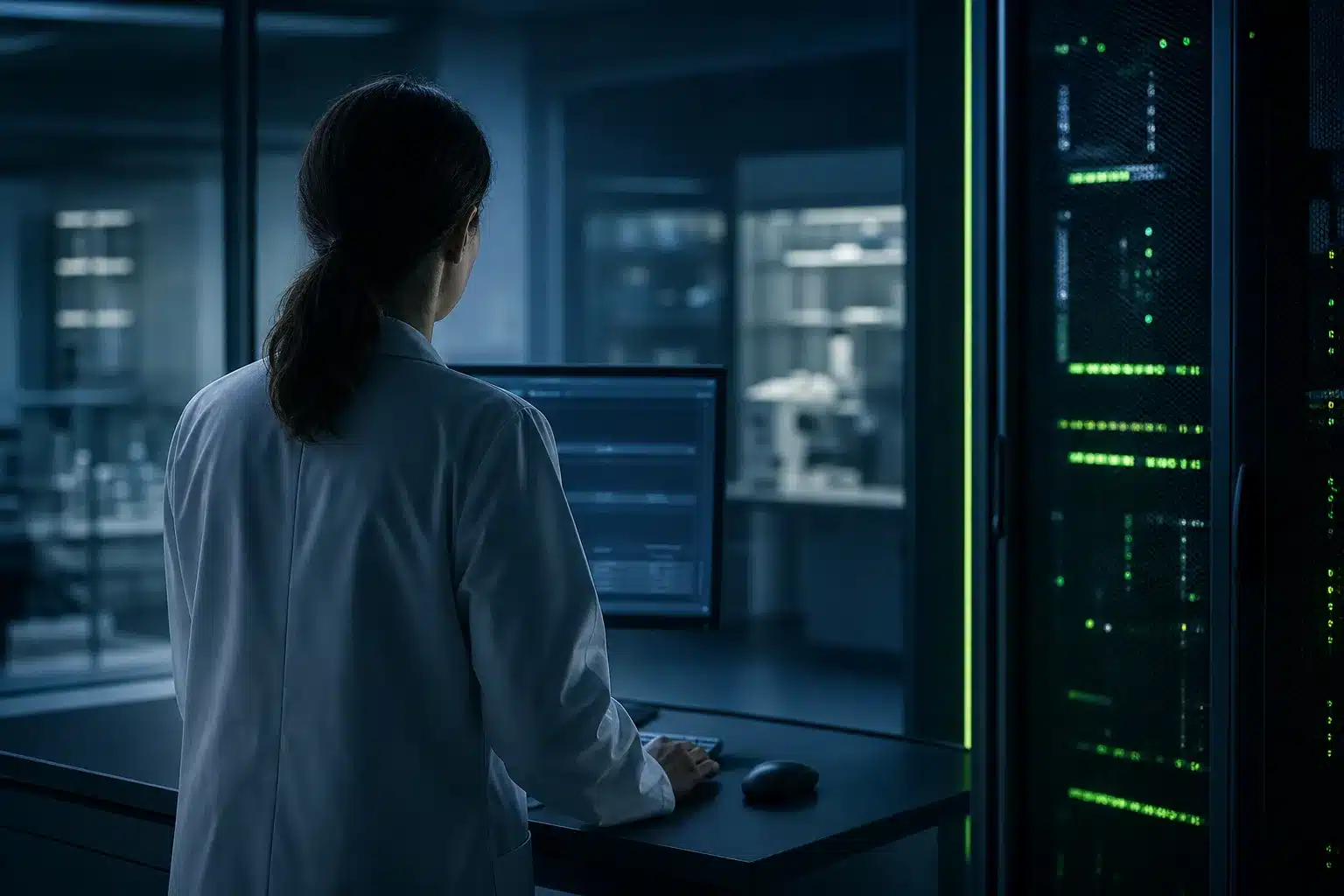 Life sciences IT professional reviewing validated systems in a secure server room