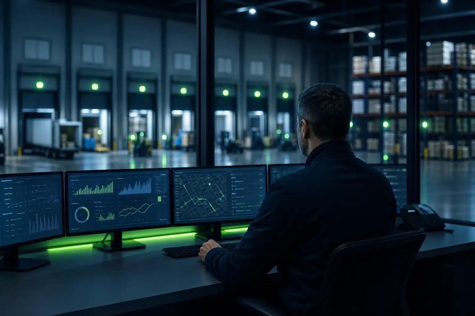 Logistics operations manager monitoring warehouse and transportation management systems