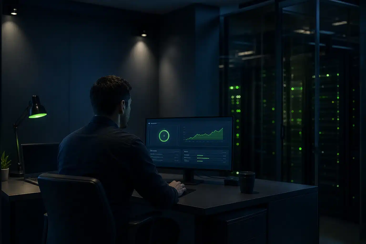 Nonprofit operations manager reviewing member and donor systems in a secure server room