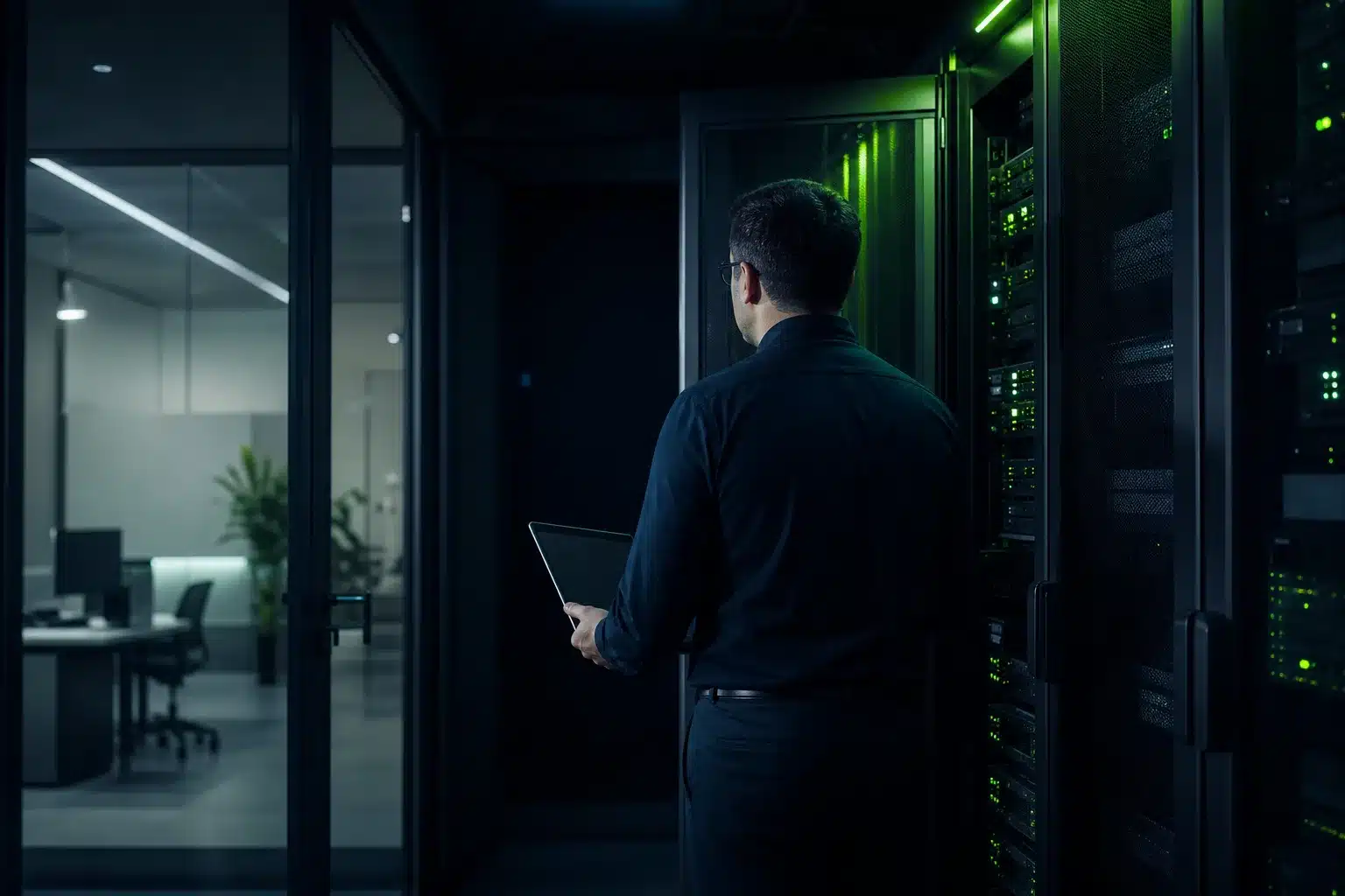 Professional services IT lead reviewing secure client file systems in a server room