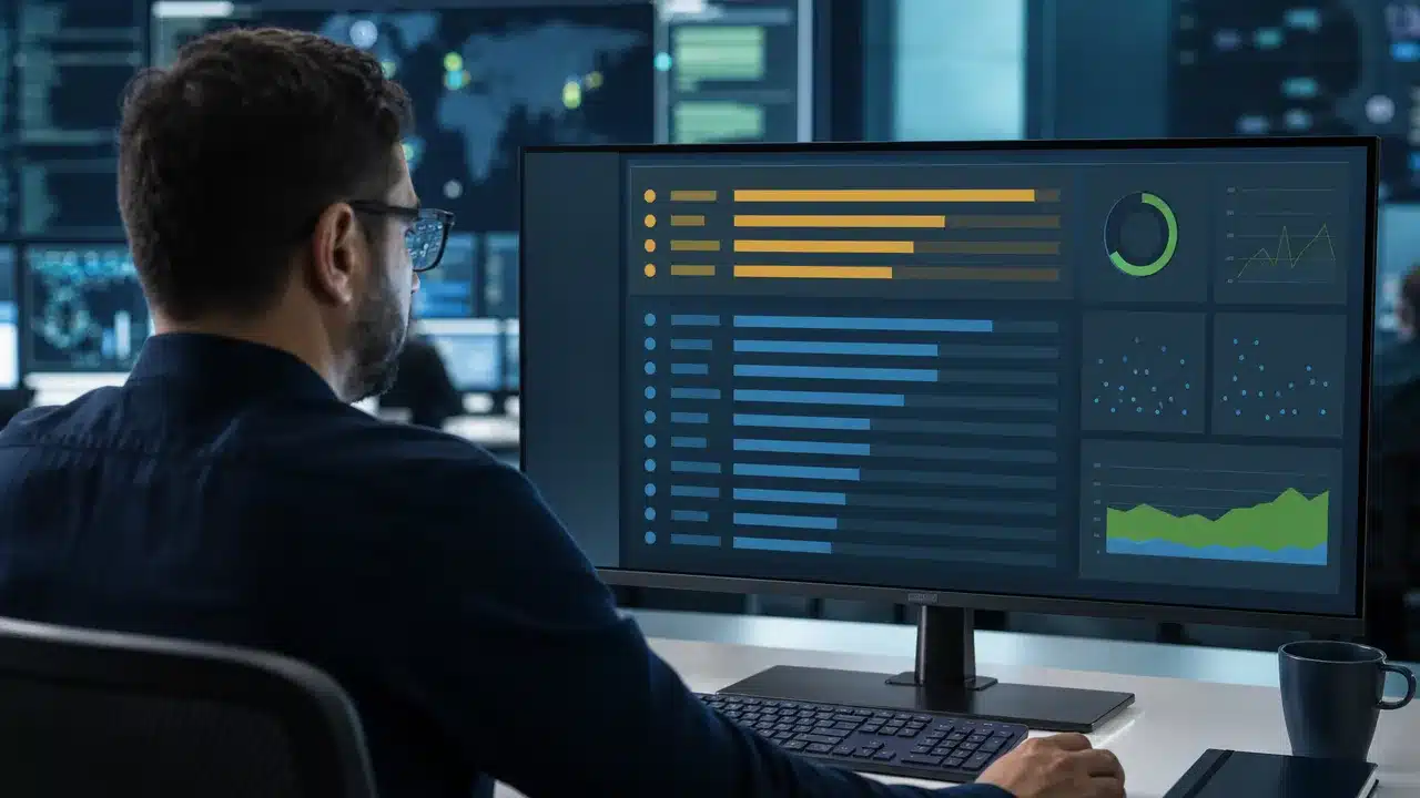 Security analyst reviewing a ranked vulnerability triage dashboard that separates emergency and standard remediation queues